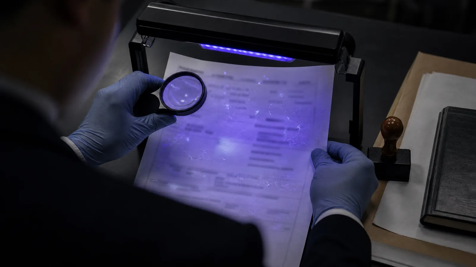 核查人员在紫外检验灯下鉴定文件真伪